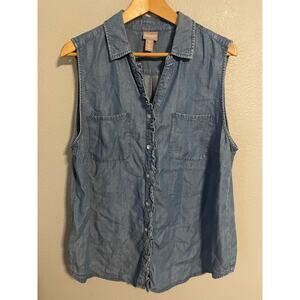 Chicos Sleeveless Shirt Womens 3 XL Blue Chambray Button Front Tencel Top Blouse